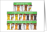 Happy Christmas from Cleveland Ohio Cartoon Cats in Santa Hats card