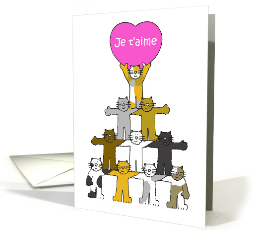 Je t'aime I Love You in French Cartoon Cats Holding a Heart card