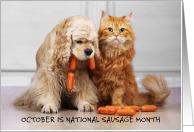 National Sausage Month October Cat and Dog Eating Sausages card