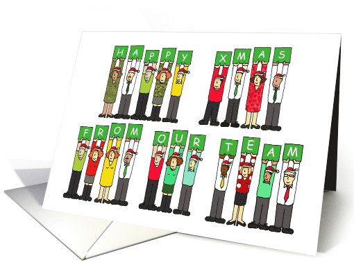 Happy Xmas From Our Team Cartoon Office Workers in Santa Hats card