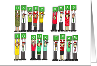 Happy Xmas to Our Team Group of Cartoon People Wearing Santa Hats card
