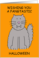Happy Halloween Cute Cartoon Grey Cat with Fangs card