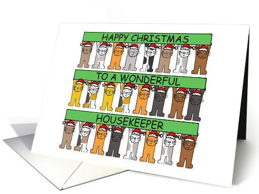 Happy Christmas Housekeeper Cartoon Cats in Santa Hats card (1501742)