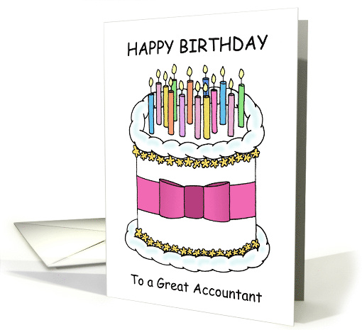 Accountant Happy Birthday Cartoon Cake Lit with Colored Candles card