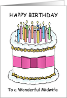 Happy Birthday Midwife Cartoon Cake and Lit Candles card