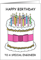 Happy Birthday Engineer Cartoon Cake and Lit Candles card