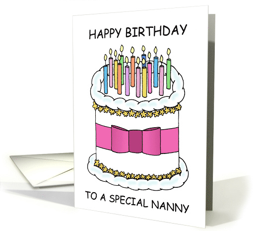 Happy Birthday Nanny Pretty Cartoon Cake with Lit Candles and Bow card