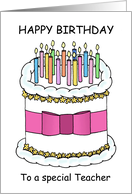 Happy Birthday Teacher Cute Cartoon Cake and Lit Candles card