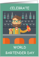 World Bartender Day February 24th Cartoon Hipster Barman card