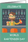 World Bartender Day February 24th Cartoon Hipster Barman card