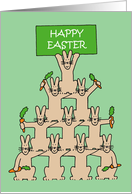 Happy Easter Cute Team of Cartoon Bunnies with Carrots and a Banner card
