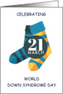 World Down Syndrome Day March 21st Blue and Yellow Striped Socks card