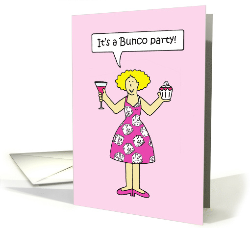 Bunco Party Invitation Cartoon Lady in Dice Pattern Dress card