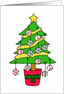 Happy Christmas Bunco Buddy Cartoon Tree Decorated with Dice card