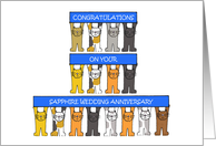 Sapphire Wedding Anniversary 65th Cartoon Cats Holding Up Banners card