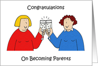 Congratulations to Lesbian New Parents Cartoon Couple Celebrating card