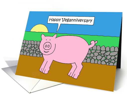 Happy Veganniversary Cartoon Talking Vegan Pig card (1530032)