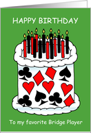 Happy Birthday Bridge Player Cartoon Cake Decorated with Suit Symbols card