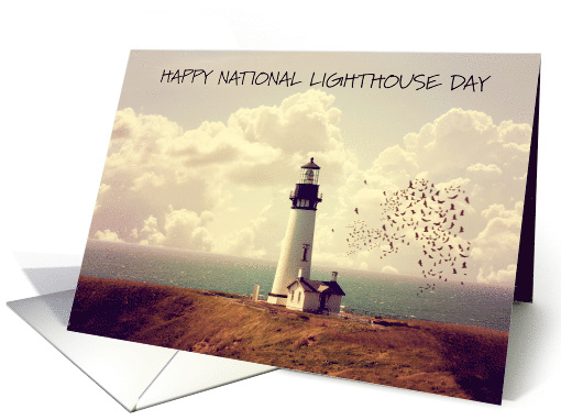 National Lighthouse Day August 7th Coastal Scene BIrds and Clouds card