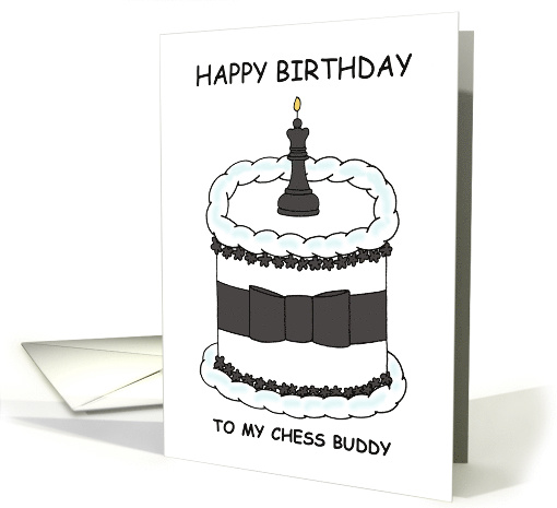 Happy Birthday Chess Buddy Cartoon Cake With Chess Piece Candle card