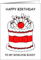 Happy Birthday Bowling Buddy Cake and Skittles Cartoon card
