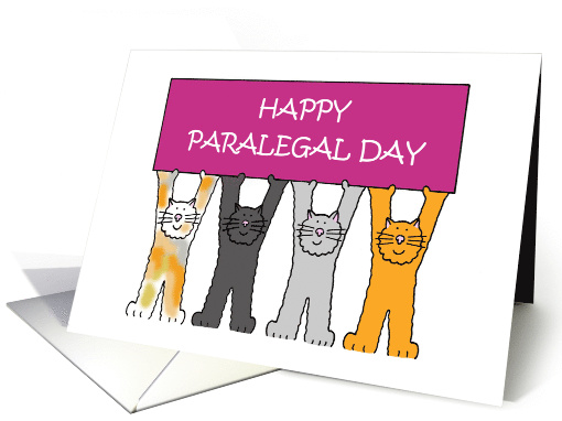 Happy Paralegal Day October Cute Cartoon Cats Holding Up a Banner card