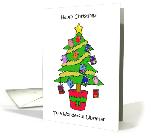 Happy Christmas Librarian Cartoon Tree Decorated with Books card