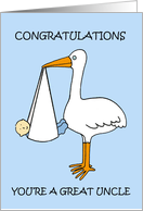 Great Uncle Congratulations to Baby Boy Cartoon Stork with Baby card