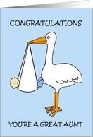 Great Aunt to Baby Boy Congratulations Cartoon Stork card
