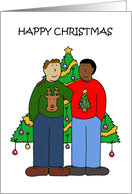 Gay Male Multiracial Couple Happy Christmas Cartoon card