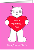 Happy Valentine’s Day Niece Fun Cartoon Cat Holding Up a Red Heart card