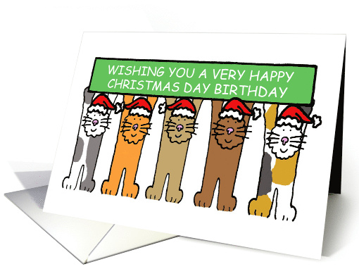 Christmas Day December 25th Birthday Cartoon Cats in Santa Hats card