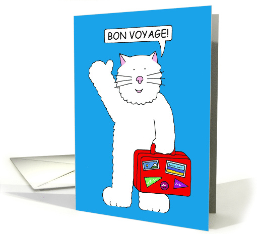 Bon Voyage for Child Cartoon White Cat with Red Suitcase card