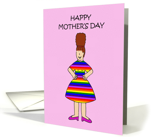 Happy Mother's Day Cartoon Gay Mother Wearing a Rainbow Dress card