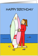 Happy Brthday Surfer Girl Cartoon Beach Scene card