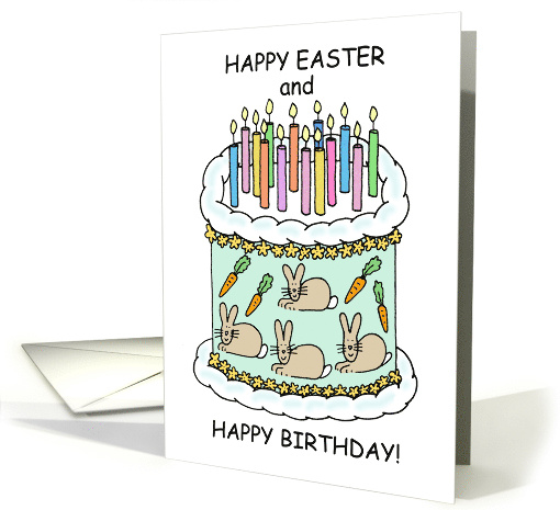 Happy Easter Birthday Cake and Candles Bunnies and Carrots card