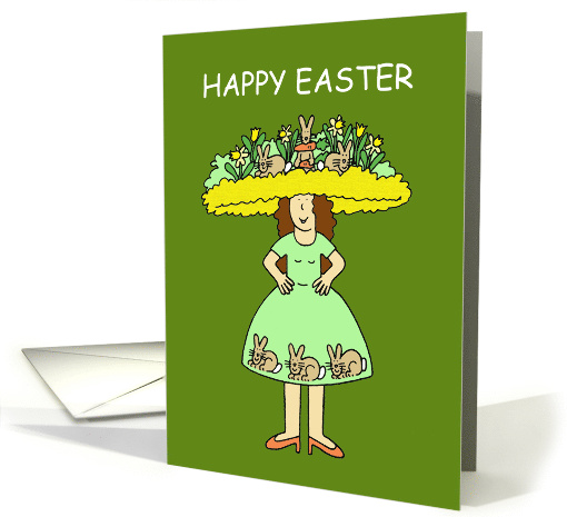 Lady in Easter Bonnet and Bunny Dress Cartoon Humor card (1566994)