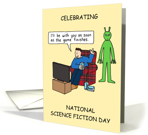 Science Fiction Day January 2nd Cartoon Man & Alien Watching TV card