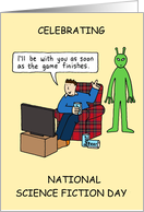 Science Fiction Day January 2nd Cartoon Man & Alien Watching TV card