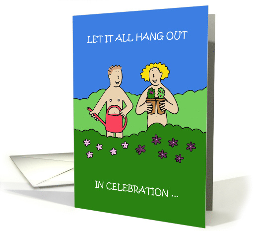 World Naked Gardening Day May Naked Couple Gardening Cartoon card