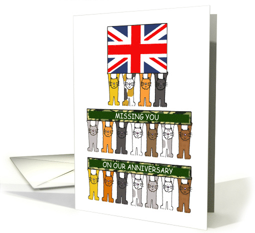 Missing You on Our Anniversary UK Flag and Cartoon Cats card (1578224)