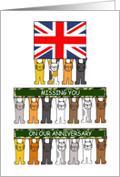 Missing You on Our Anniversary UK Flag and Cartoon Cats card