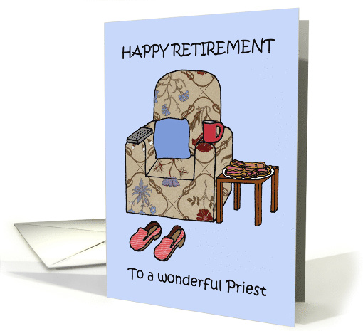 Happy Retirement Priest Cartoon Armchair with Plate of Bacon card