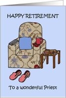 Happy Retirement Priest Cartoon Armchair with Plate of Bacon card