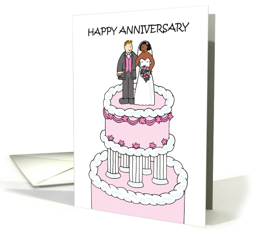 Happy Anniversary Interracial Couple Cartoon Cake Bride and Groom card
