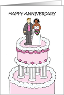 Happy Anniversary Interracial Couple Cartoon Cake Bride and Groom card