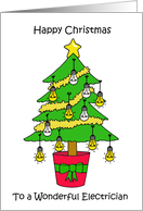 Happy Christmas to Electrician Cartoon Tree Decorated with Lightbulbs card