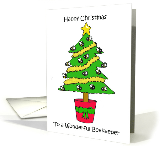 Happy Christmas to Beekeeper Cartoon Tree Covered in Bees card
