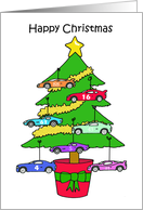 Happy Christmas Cartoon Tree with Stock Car Decorations card