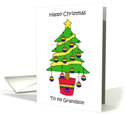 Happy Christmas to Gay Grandson Cartoon Tree with Rainbow Baubles card